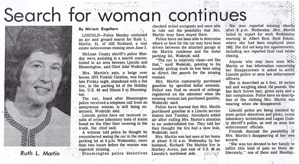 Newspaper article about missing woman, Ruth Martin.