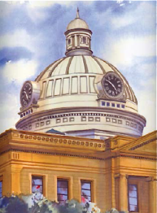 Illustration of a domed building with clocks.