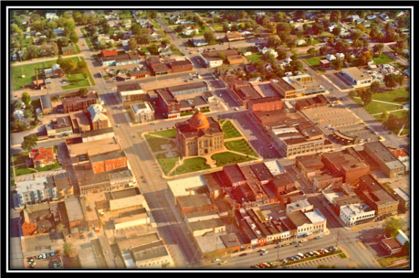 Aerial view of a small town center.