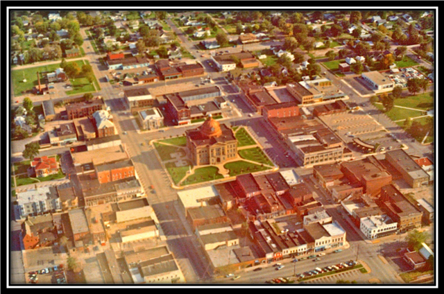 Aerial view of a small town center.