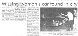 Newspaper article about missing woman's car found.