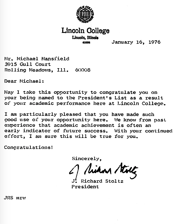 A congratulatory letter from Michael Magid praising academic performance.