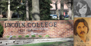 Lincoln College sign with vintage portraits.